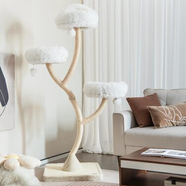 Дерев'яна кігтеточка FANTASK 178 см з 3 лежаками, бежева, велика кігтеточка для котів з м'ячиками та сизалевими стовпчиками, металевий каркас