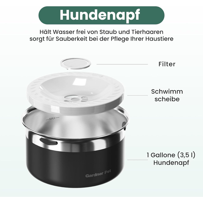 Миска для собак Garder Pet без облизування, нержавіюча сталь, противитікання, великі собаки, для дому та вулиці, запобігає краплинню, білий (3,85 л, чорний)