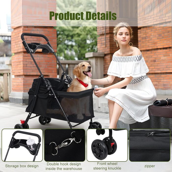 Дитяча коляска для собак та котів до 22,7 кг, складна, з тримачем для напоїв, вікно, подвійне гальмо, чорна