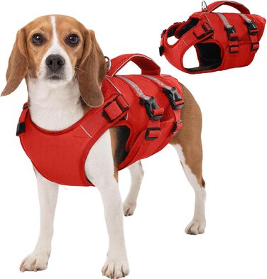 Жилет для собак Kuoser, середній розмір, червоний. Безпечний жилет для плавання з ручкою та світловідбиваючими елементами, регульований. Підходить для собак середніх порід.