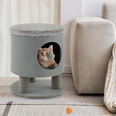 Котячий будиночок SOARS з дряпальною колоною, кігтеточка, кігтешкребок для котів, сізого кольору, 40x40x47 см