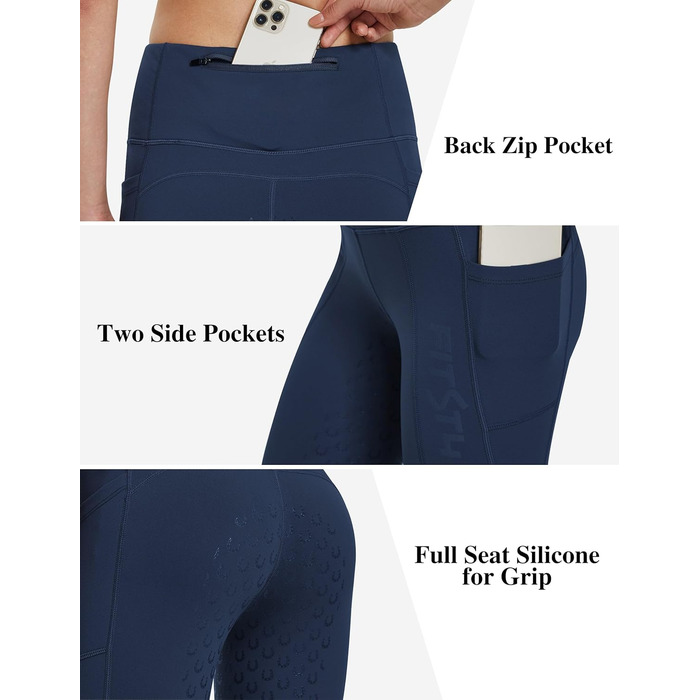 Легінси для верхової їзди жіночі зимові FitsT4 з силіконовою вставкою, флісовою підкладкою, кишенею для телефону та петлями для ременя, темно-синій, XL