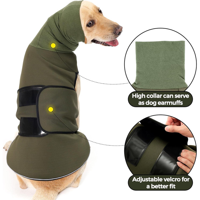 Заспокійливий жилет для собак Heywean з капюшоном та захистом вух, антистресовий, XL, оливковий