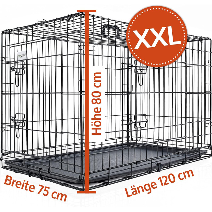 Складана переносна собача будка Zooprinz з міцної сталі – клітка для собак з 2 дверцятами, піддон, ручка для транспортування, 4 розміри (122 x 74,5 x 80,5 см)