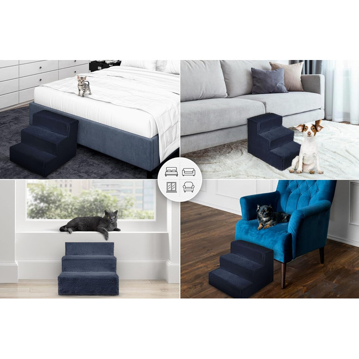 Сходинка для собак Mg Design - 3 сходинки, блакитний колір. Стабільна дерев'яна рама, захищає суглоби, легка та мобільна, для диванів та ліжок, підходить для собак та котів. Розміри: 40 x 45 x 35 см