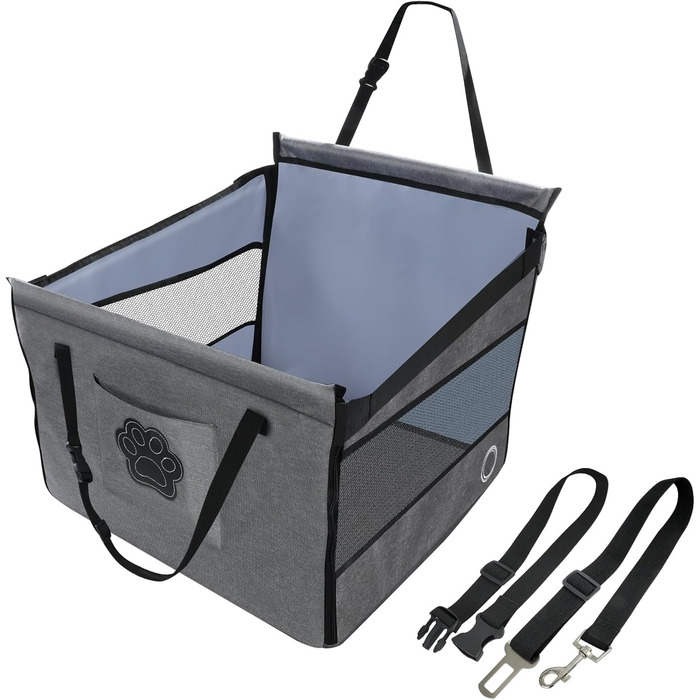 Зручний автокрісло для собак - автокрісло з вентильованим віконцем, регульованим ременем, складаний кошик для собак середніх порід, сумісне з заднім сидінням та переднім сидінням (49x49x38 см), світло-сірий
