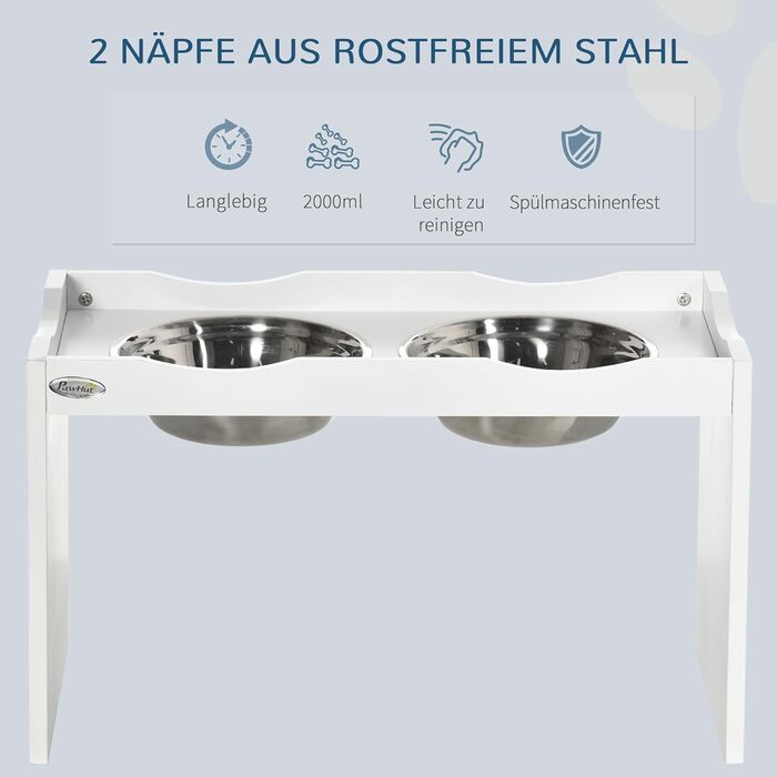 PawHut Підвищена годівниця для собак, 2 x 2L, нержавіюча сталь, білий колір, для великих собак