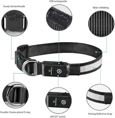 Світлодіодне нашийник для собак Masbrill, водонепроникний, з 3 режимами світіння, чорний, розмір S