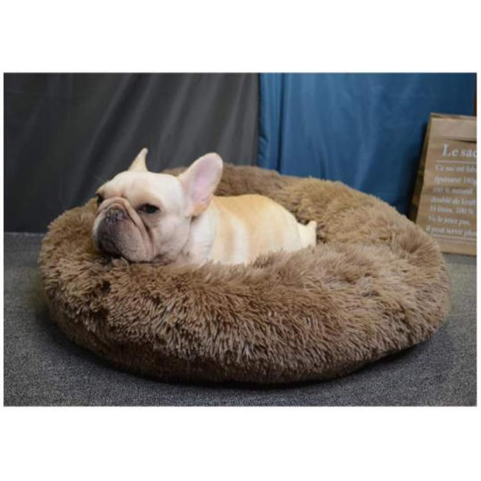 М'яке ліжко-софа для собак Deluxe, кругла, з плюшу, 60 см, коричнева. Підходить для великих та екстра-великих собак та котів. З вологостійким дном.