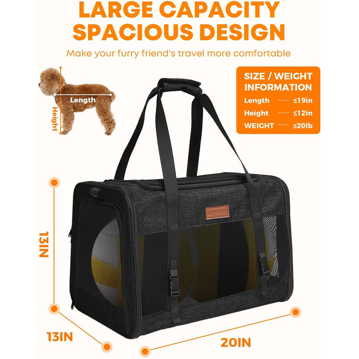 FOXFOCUS Сумка-переноска для собак з м'якими боковинами – 50,8 x 33 x 33 см, безпечний автокрісло, до 6,8 кг, верхній та бічний вхід, велика переноска для тварин з антицарапковим сітком, чорна