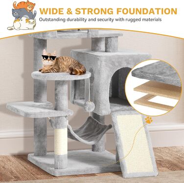Кігтеточка YITAHOME XL, 137 см, з 2 сизалевими стовпцями, 1 платформою, 2 печерами, гамаком, іграшками-м'ячиками та кігтедробилкою. Ідеальний кімнатний комплекс для котів, сірий колір.