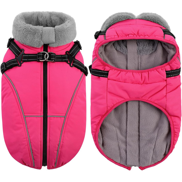 Зимовий теплий куртка для собак Queenmore, водонепроникний, з кріпленням для шлейки, 3-шаровий, світловідбиваючий, для великих порід (Лабрадор, Хаскі, Голден Ретрівер), розмір 2XL (XS, Рожевий)