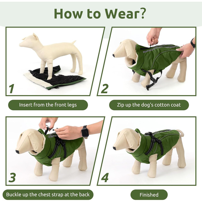 Зимовий теплий одяг для собак з блискавкою, вітронепроникний, з відбиваючими смугами та нагрудником для малих, середніх та великих собак, зелений, розмір M