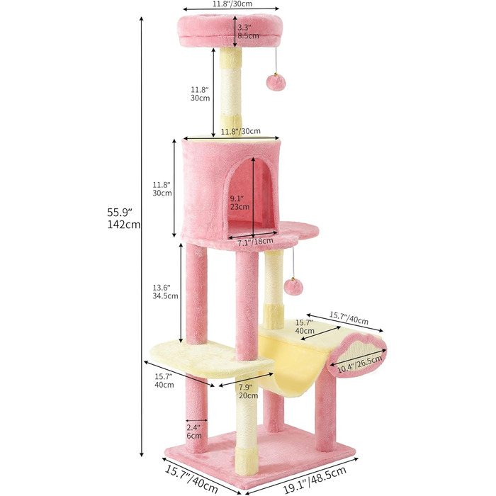Кліматичний комплекс для котів YITAHOME XXL, 142 см, рожевий, з 8 стовпчиків сизалю, 3 платформи, 2 печери, гамак, іграшки, когтеточка, для дому