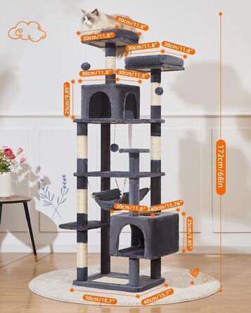 Дряпка для котів Taoqimiao MS020SG, котячий комплекс для дому, м'який будиночок з 6 стовпчиками, 2 лежаками, 2 домівками, гамаком і 3 іграшками-помпонами, сірий