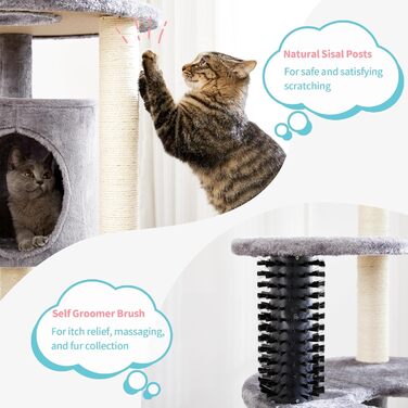 Дерев'яний котячий комплекс Made4Pets 110 см для дому, багаторівнева когтеточка з будиночком, помпонами, м'яким пледом, щіткою для догляду та ігровою зоною, сірий