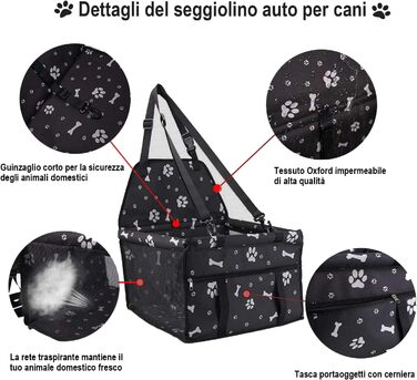 Автомобільний сидіння для собак на переднє пасажирське місце - чорний, з принтом лап, з ременем безпеки, водонепроникний, складна подушка