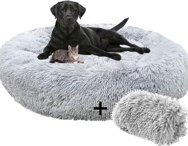 Заспокійливе ліжко для собак, пончик для великих собак, тепле, екстра велике, штучне хутро, ліжко для домашніх тварин, самонагріваюче, кругле, плюшеве, ліжка для собак великих та середніх порід, прання можливе (сірий, XXL)