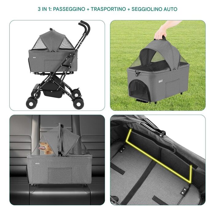 Дитячий візок для тварин BAKAJI 2 в 1, до 40 кг, складний, з капсулою та кошиком для зберігання (сірий)