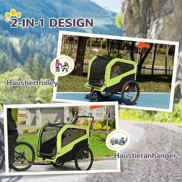 PawHut Причіп для собак 2-в-1, велосипедний причіп для собак, візок для собак з відбивачами, вантажопідйомність до 30 кг, причіп для собак великих порід, матеріал Оксфорд, зелений
