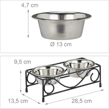 Набір мисок для собак Relaxdays з підставкою, 2 миски з нержавіючої сталі по 300 мл, чорний/сріблястий, для корму та води