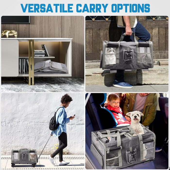 Переноска для котів велика, на колесах, 2-в-1 з відділеннями, з іграшкою та ремінком (сіра)