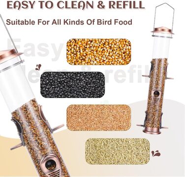 Годівниця для птахів Mixxidea з металевої труби, для зовнішнього використання, підвісна, для диких птахів, 6 портів, годівниця для птахів на гачок, приваблює птахів у саду, на балконі (мідь)