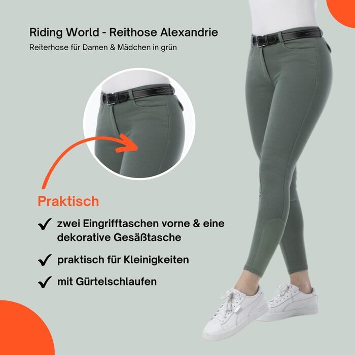 Лосини для верхової їзди Riding World Alexandrie для жінок та дітей | Лосини з накладками на колінах, кишені, 6 кольорів, розміри 104-176 та 32-44, колір: зелений