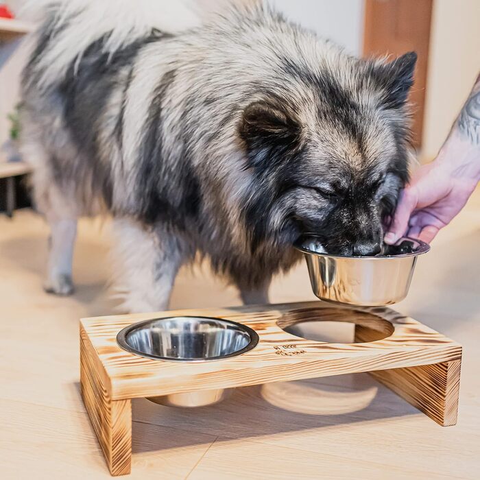 Диспенсер для корму для собак RF-Deer з дерева з 2 нержавіючими мисками, піднятий годівниця для собак, миска для котів, миска для собак, бар для собак, годівниця для котів, легко миється, 48x26x13 см, великий
