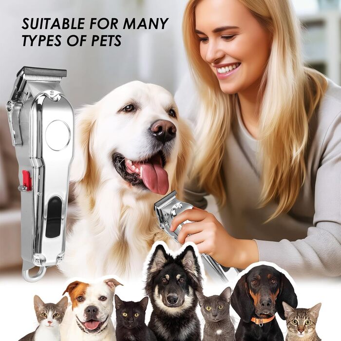 Професійна машинка для стрижки собак, для густого волосся, тиха, бездротова, акумуляторна, з LED-дисплеєм, 10 насадок для собак та котів