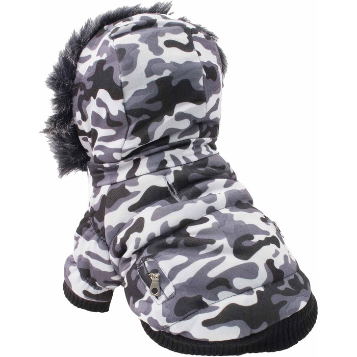 Зимовий теплий собачий пуховик Pet Life з металевою блискавкою та знімним капюшоном з хутра – куртка для собак з ізоляцією 3M Thinsulate, зігріваюча технологія, одяг для собак (camo grey, Medium)