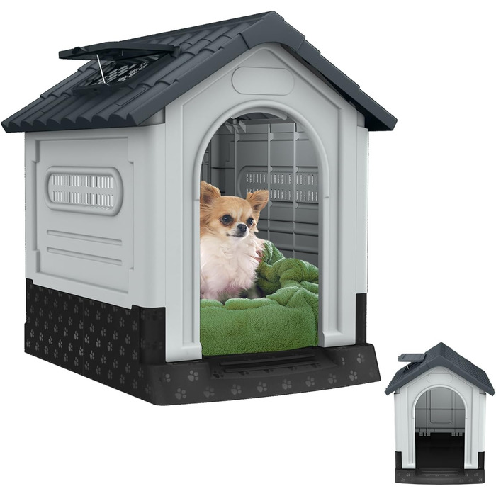 Будка для собак Aufun, пластикова, сіра, 65x56.5x67 см, M, для вулиці та дому, водонепроникна, ізольована