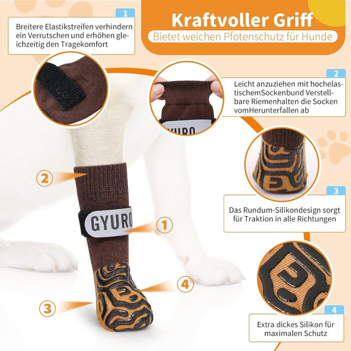 Шкарпетки для собак, антиковзаючі, з м'яким захистом подушечок лап, з надійним застібкою-ланцюгом, для дому, розмір M, коричневі