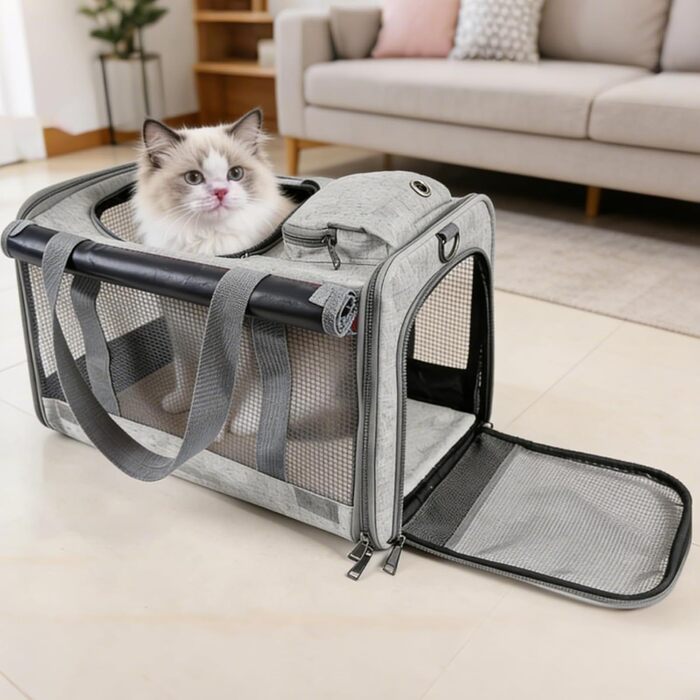 Транспортна переноска для котів та собак, 46x30x30 см, темно-сіра, складана, з вентиляційною сіткою та кишенею, до 10 кг