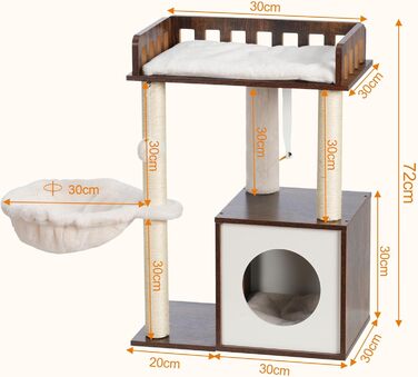 Дряпальня для котів Heybly з платформою 30x50 см, кігтеточкою з кошиком та 2-ма сизалевими стовпчиками, стабільна, для котів середніх та маленьких порід, колір: vintage brown (HCT007SSR)
