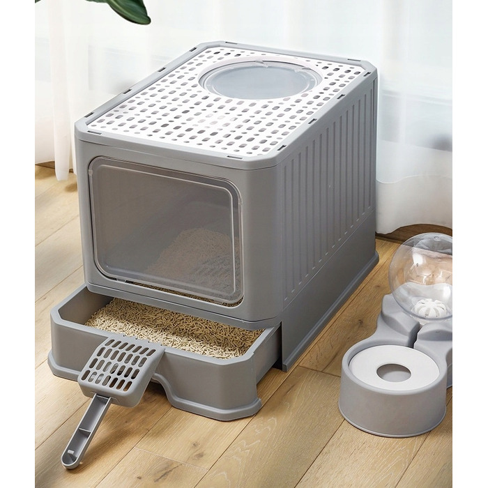 Закритий лоток-туалет для котів, сірий, з ручкою та висувною шухлядою, 50 x 40 x 38 см