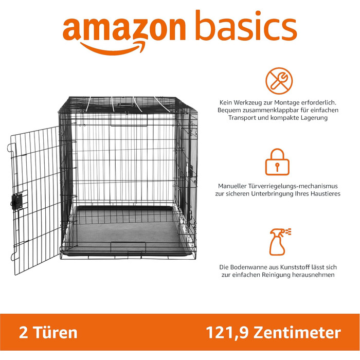 Складана металева клітка для собак Amazon Basics, чорна, з подвійними дверима та піддоном, 122×76×83 см