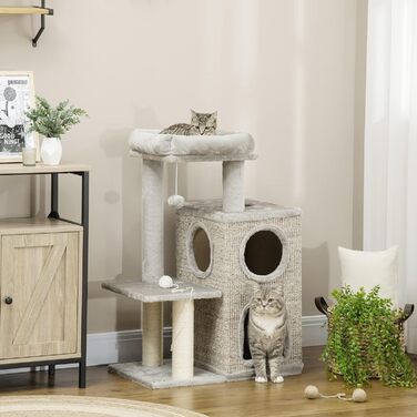 Когтеточка для котів PawHut 91 см, ігровий комплекс з 2 будиночками, сизалевий стовп, платформа, світло-сірий