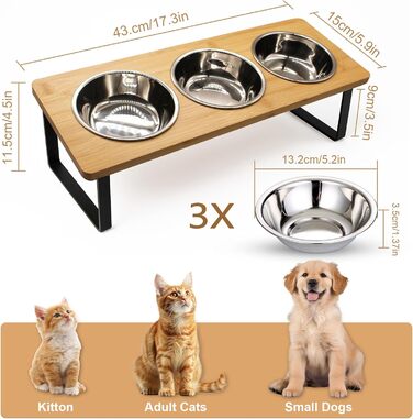 Підвищена годівниця для котів з 3 мисками з нержавіючої сталі, 15° нахил, набір мисок для котів, годівниця для котів та невеликих собак