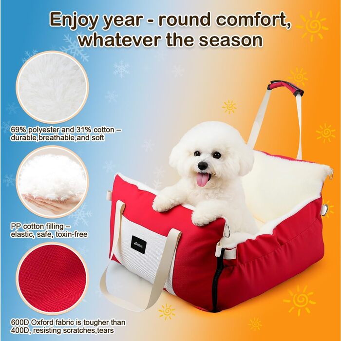 Автокрісло для собак 3-в-1 - переносна ліжко для маленьких собак, з розширеною лежачою поверхнею та м'яким матрацом, для переднього або заднього сидіння, внутрішнє та зовнішнє використання (червоний)