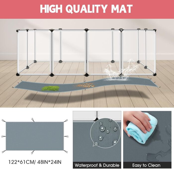 Клітка-переноска для дрібних тварин, прозора, з водонепроникним килимком, портативний пластиковий вольєр, для кроликів, морських свинок, хом'яків, курей, їжаків, тхорів, щурів, для дому та вулиці, 20 пластикових панелей, 121 x 61 x 40 см