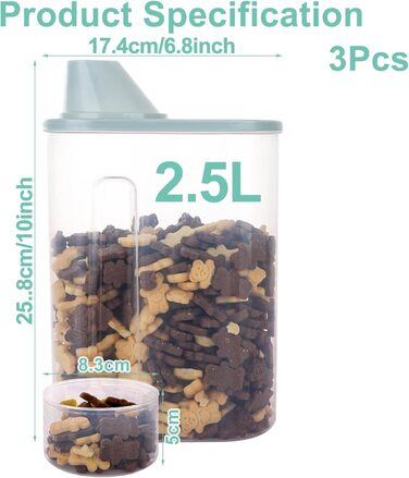Контейнери для корму для собак 3 шт., 2,5 л, 15 x 23 см, контейнери для зберігання корму для домашніх тварин з мірними склянками, герметичні контейнери для корму для собак з виливною горловиною, пластикові контейнери для корму для котів