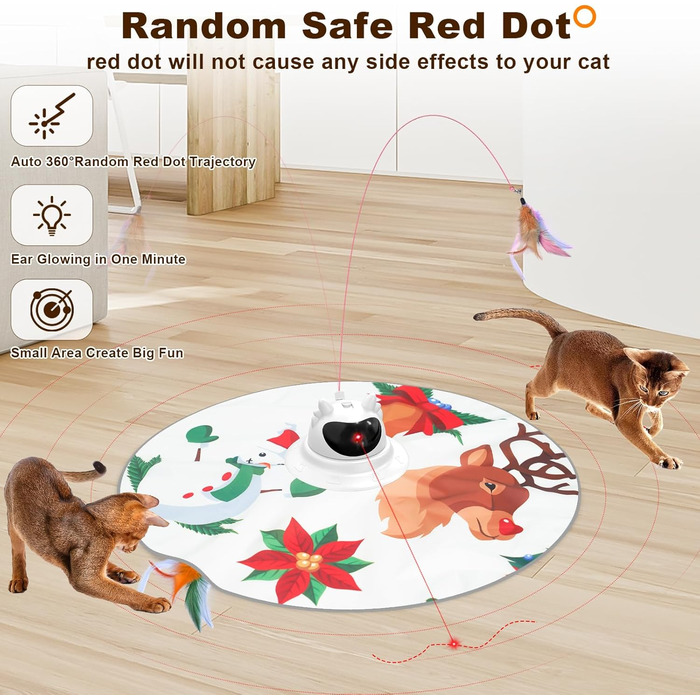 Інтерактивна іграшка для котів 3-в-1 Spessn: хованки, пір'я, лазерний вказівник. Перезаряджувана, для котів будь-якого віку. Біло-червоний дизайн (новорічний стиль)