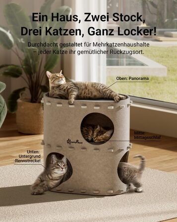 Будиночок-печеринка для котів DownyPaws з фетру, 2-ярусне ліжко для котів, 50 x 33 x 50 см, затишний дизайн, захист кігтів, бежевий