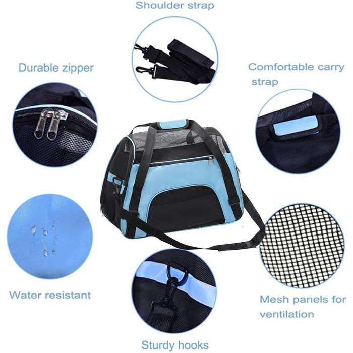 Сумка-переноска для домашніх тварин з м'якими боковинами, блакитна. Розміри: 47 x 24 x 33 см