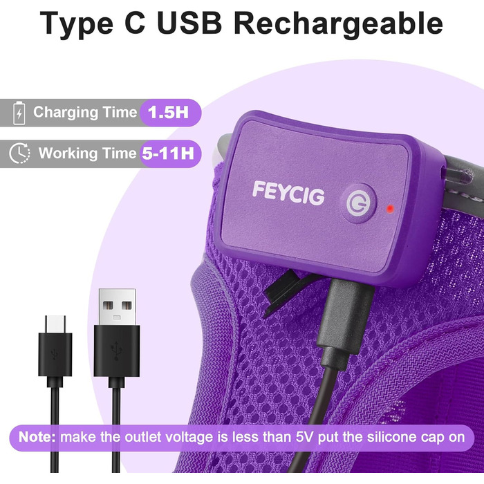 Світлодіодне шлейка для собак Feycig з підзарядкою, світловідбиваюча та світлочутлива для цуценят та собак середніх розмірів, дихаюча шлейка (фіолетовий, L)