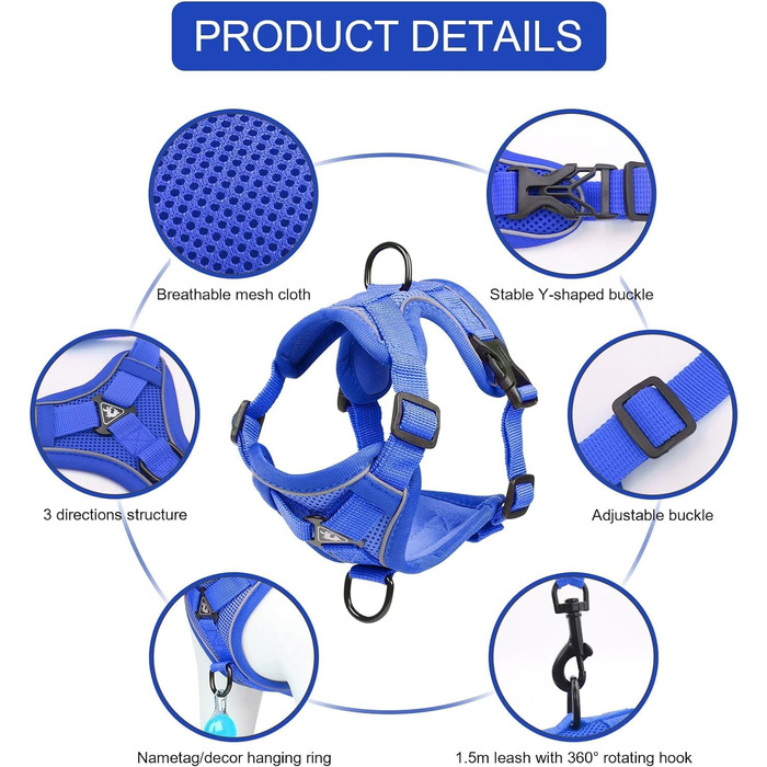 Шлейка для котів Skmeditec з нерухомим захистом, м'яка жилетка з світловідбиваючими смугами (XL, світло-блакитний)