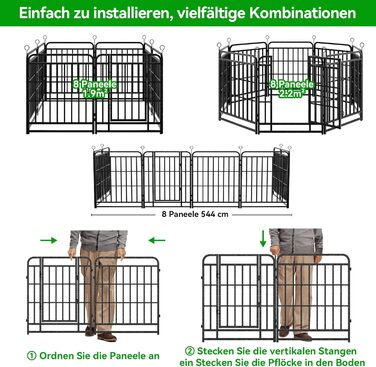 Кіягро вольєр для цуценят 544см, 8-секційний розкладний вольєр для тварин з дверима, вольєр для собак, котів, кроликів, для саду, збірка без інструментів, 80см у висоту