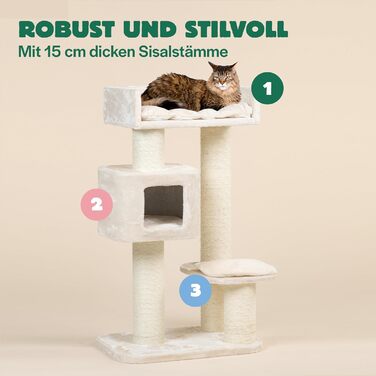 Котячий дряпак RHRQuality Devon Rex 120 см, кремовий, для великих котів, з ігровим будиночком та стовпами з сизалю 15 см