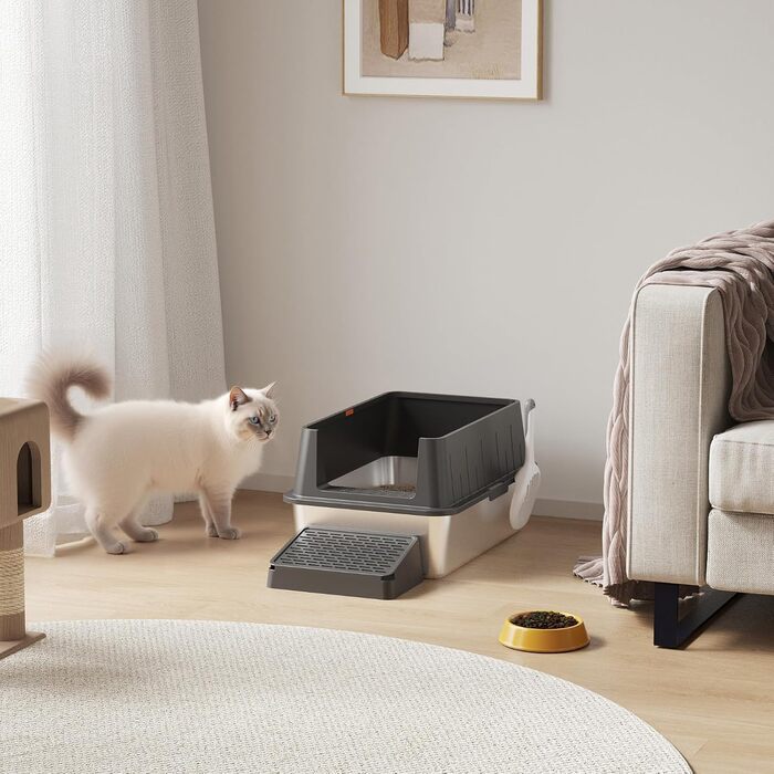 Котлочистка LifeWit 28л з нержавіючої сталі, відкрита, 60x40x30 см з совком та педаллю. Котлочистка XXL для великих котів, без кришки, для вітальні, спальні (Чорний)